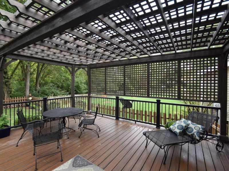 Charcoal Black Wood Pergola Lattice Roof Privacy Wall