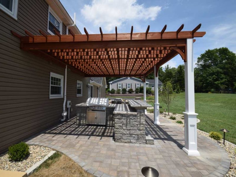 Wood Pergola White Posts Over Patio Outdoor Kitchen
