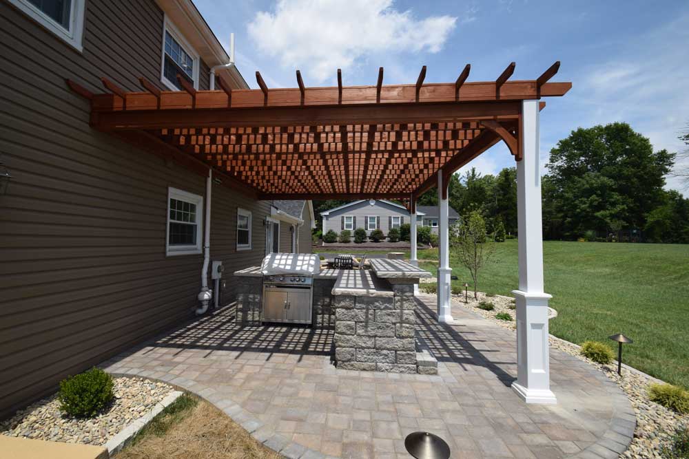 Wood Pergola White Posts Over Patio Outdoor Kitchen