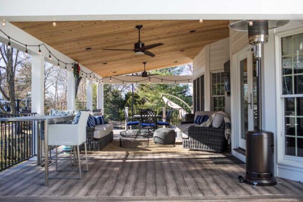 Covered Deck Wood Ceiling White Columns