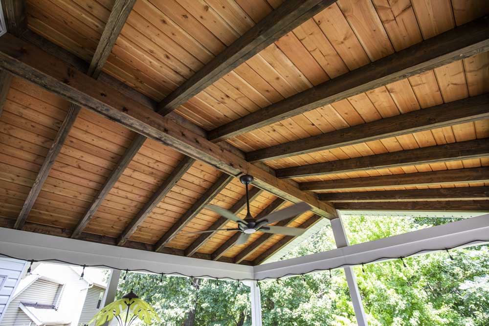 California Custom Decks covered deck gable style roof with cathedral ceiling