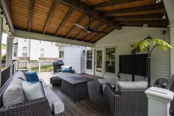 California Custom Decks covered deck gable style roof with cathedral ceiling