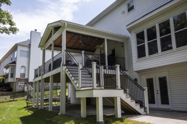 California Custom Decks covered deck gable style roof with cathedral ceiling