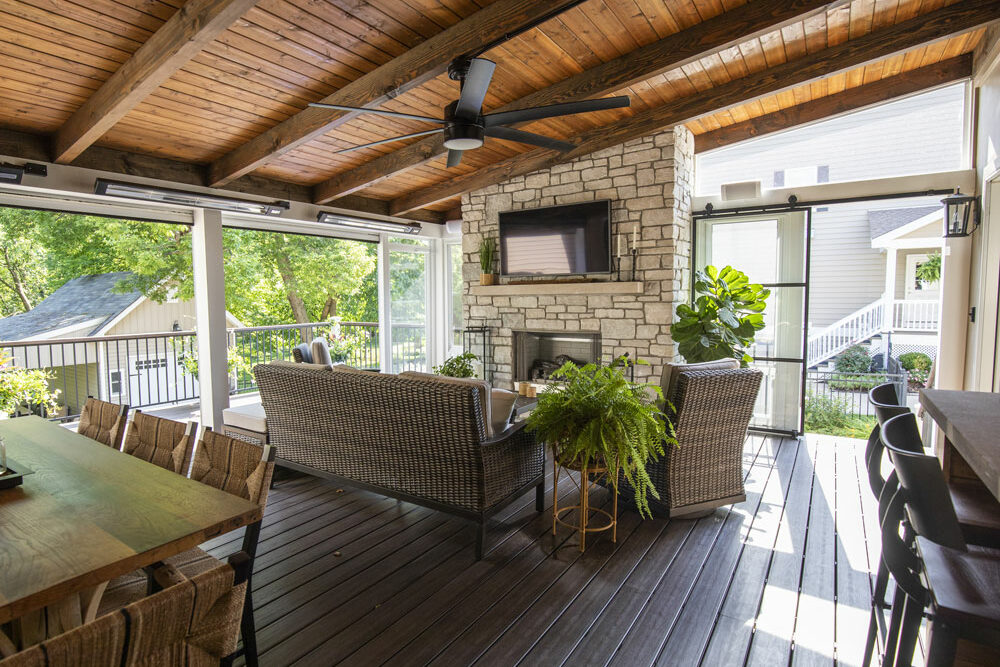 California Custom Decks three season room with retractable windows and fireplace