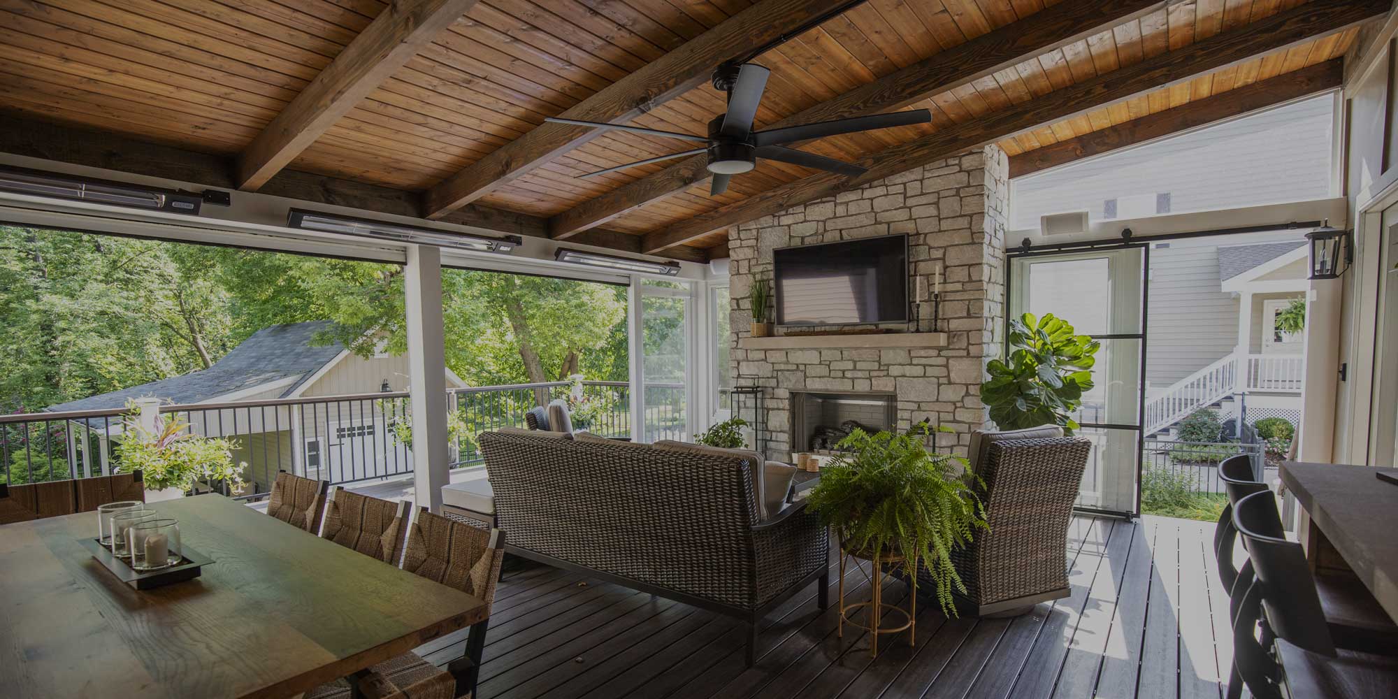 California Custom Decks covered deck with fireplace