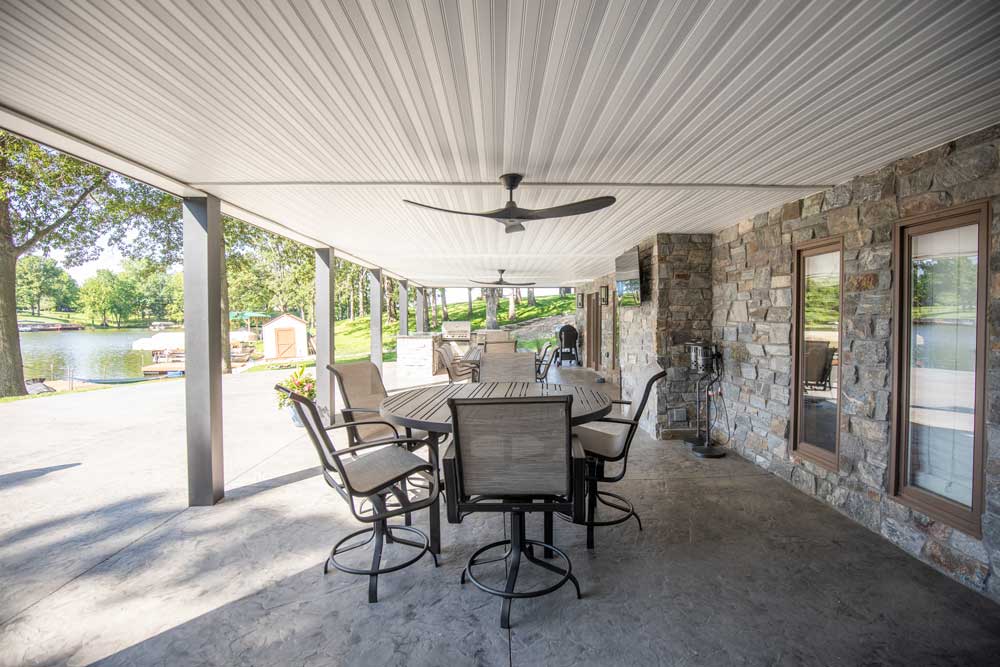 Lake House Three Season Sunroom with Under Deck Patio + Outdoor Kitchen at Holiday Lake, IL
