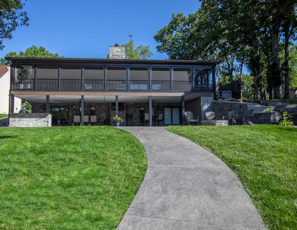 Lake House Three Season Sunroom with Under Deck Patio + Outdoor Kitchen at Holiday Lake, IL